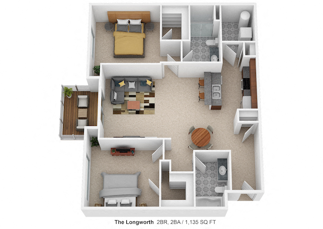 Floor plan for 2 beds, 2 baths, 1140 sqft
